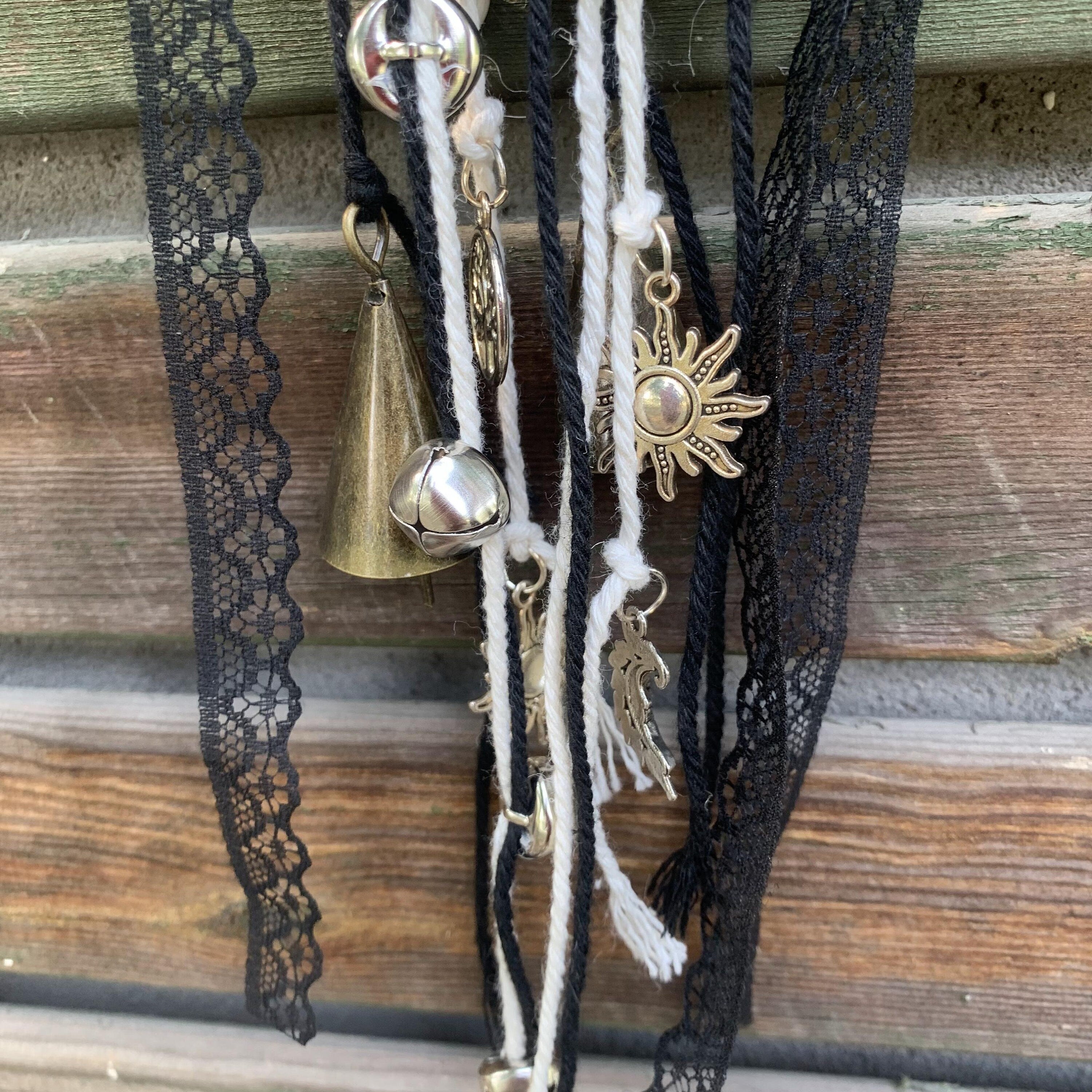 Black Witch Bells with Murano Glass Beads, Witch Protection Bells for Halloween, Wicca Altar House Doorknob Hanging Bell for Garden Decor