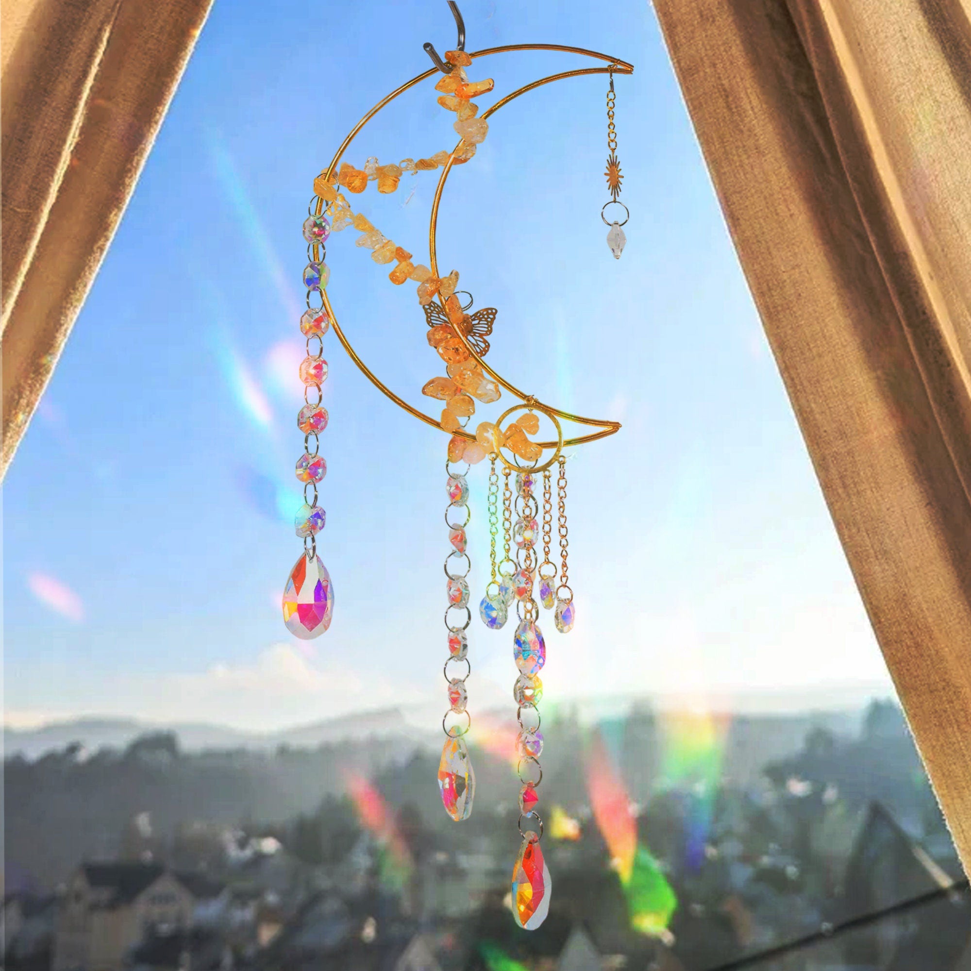 Moon Sun Catcher, Butterfly Suncatcher, Prism Sun Catcher, Hanging Crystals and Beads, Wall Hanging, Witch Suncatcher, Gift for Cat Lover