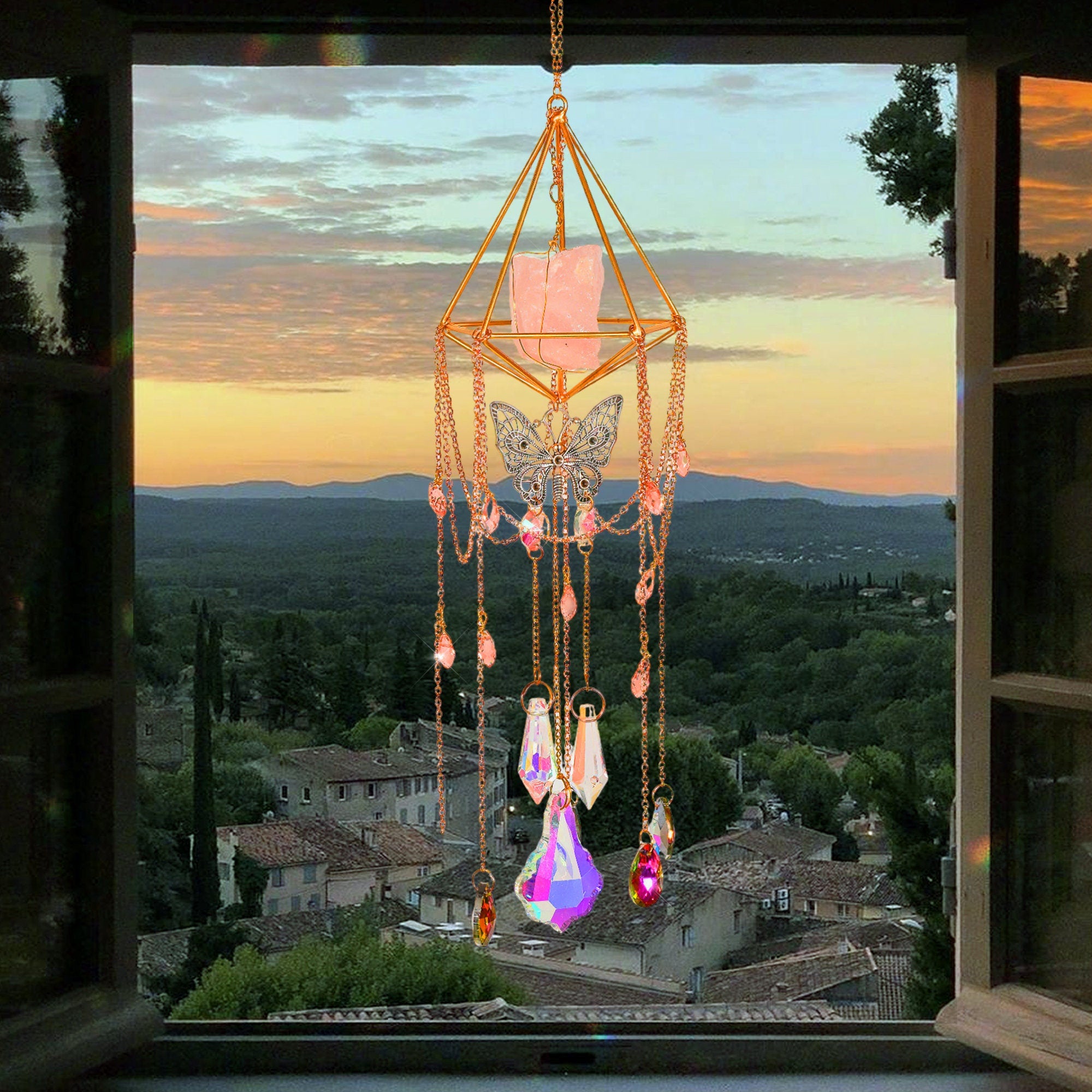 Butterfly suncatcher, Hanging Crystal Suncatcher, Prism Sun Catcher, Hanging Crystals and Beads, Garden Decoration,  Gift for Cat Lover