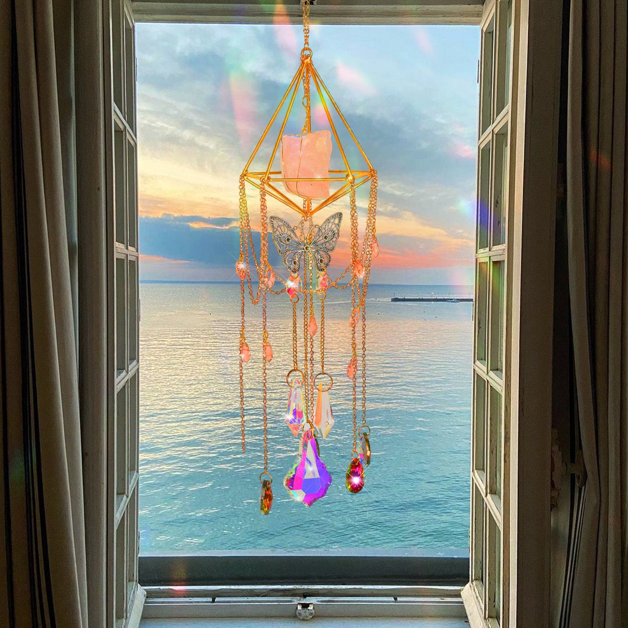 Butterfly suncatcher, Hanging Crystal Suncatcher, Prism Sun Catcher, Hanging Crystals and Beads, Garden Decoration,  Gift for Cat Lover