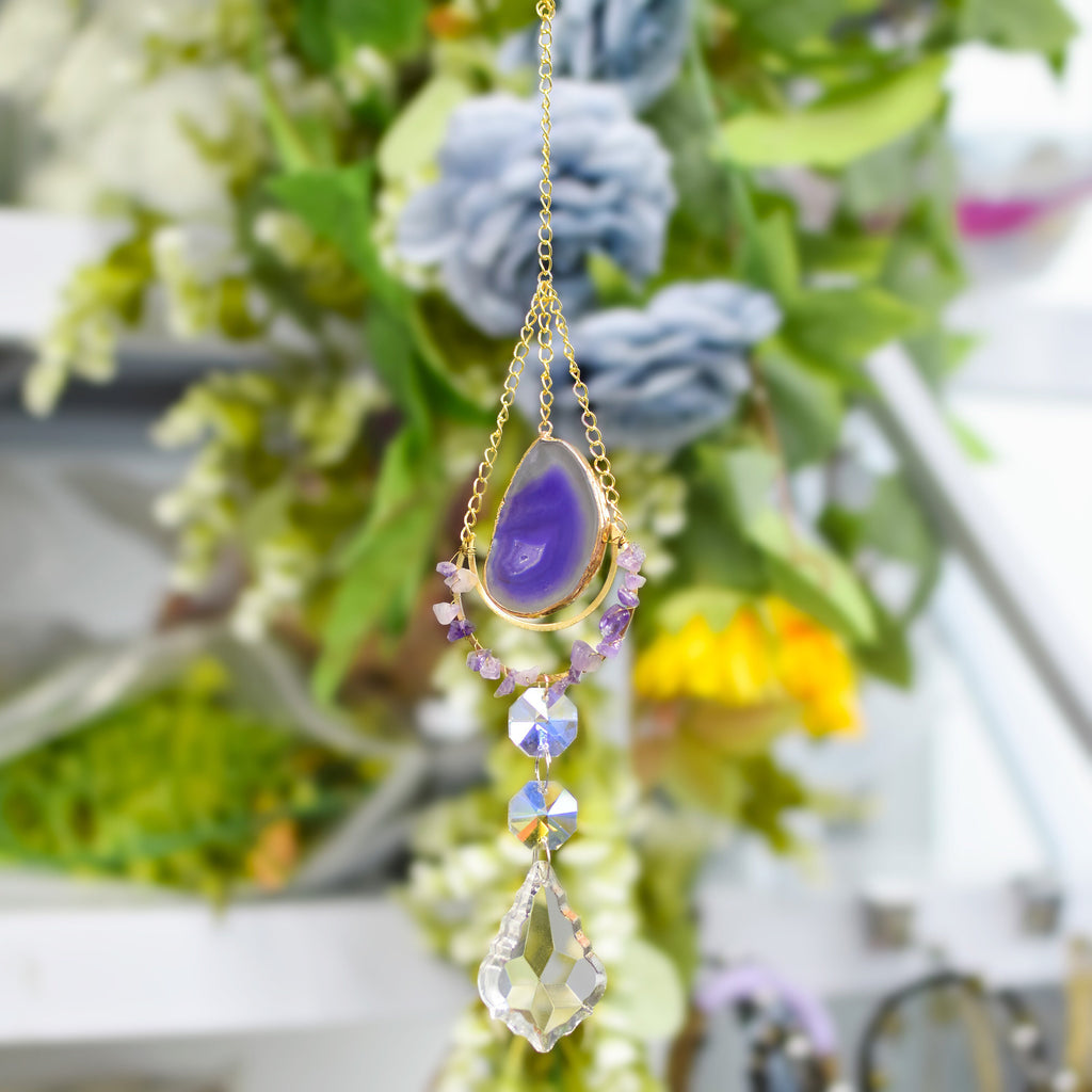 Purple Agate Slice Suncatcher,Sun Catcher for Windows Hanging, Rainbow Maker Crystal, Hanging Crystal Decor,Hanging SunDrop,Boho Home Decor