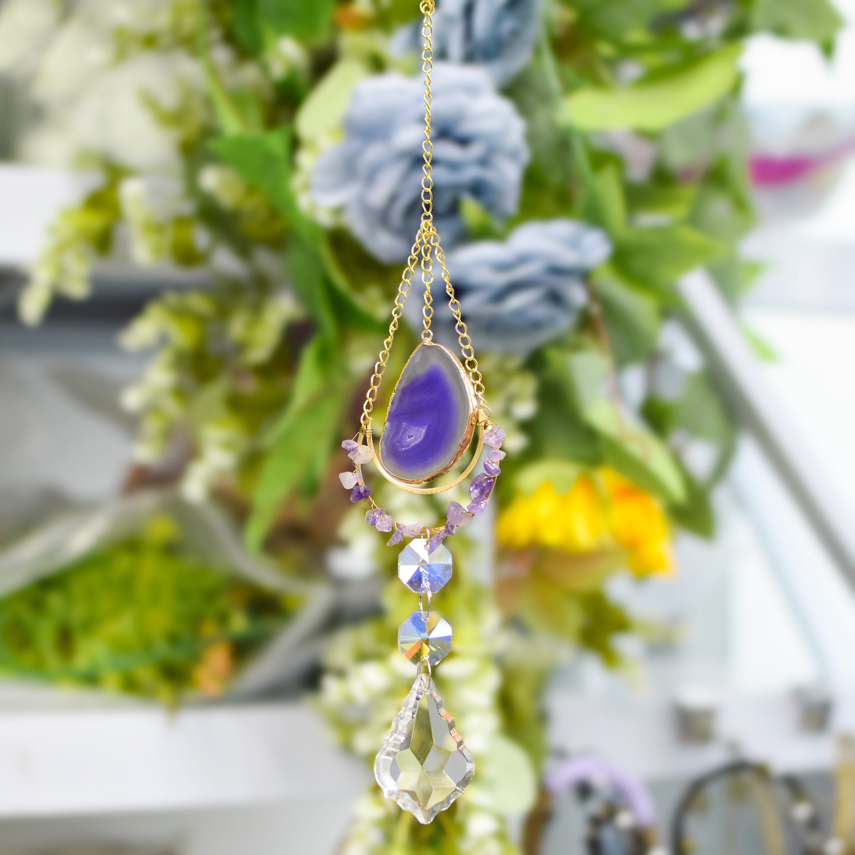 Purple Agate Slice Suncatcher,Sun Catcher for Windows Hanging, Rainbow Maker Crystal, Hanging Crystal Decor,Hanging SunDrop,Boho Home Decor