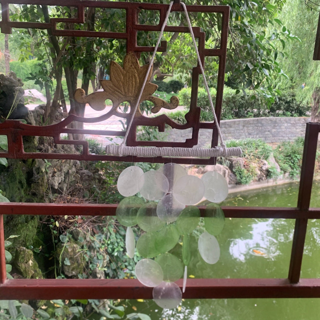 Round Shell Mobile Chime, Green Windchime  Come With Wall Stand, Beach Wind Chime, Garden Hanging Decoration, Housewarming Gifts