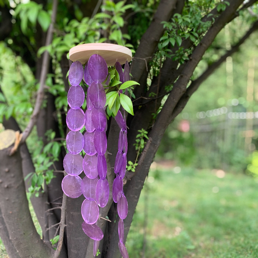 Purple Hanging Wind Chime for Outdoor, Patio Garden Capiz Shell Wind Chime, Round Shell Mobile, Home Decor, Birthday Gifts