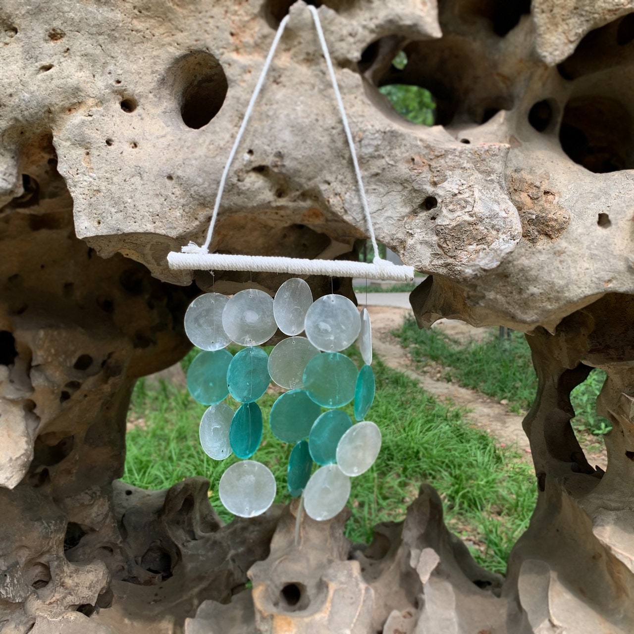 Handmade  Blue Capiz Round Shell Windchimes, Hanging Shell Mobile,Colorful Nautical Home Interior Ornament,  Beach House Decor