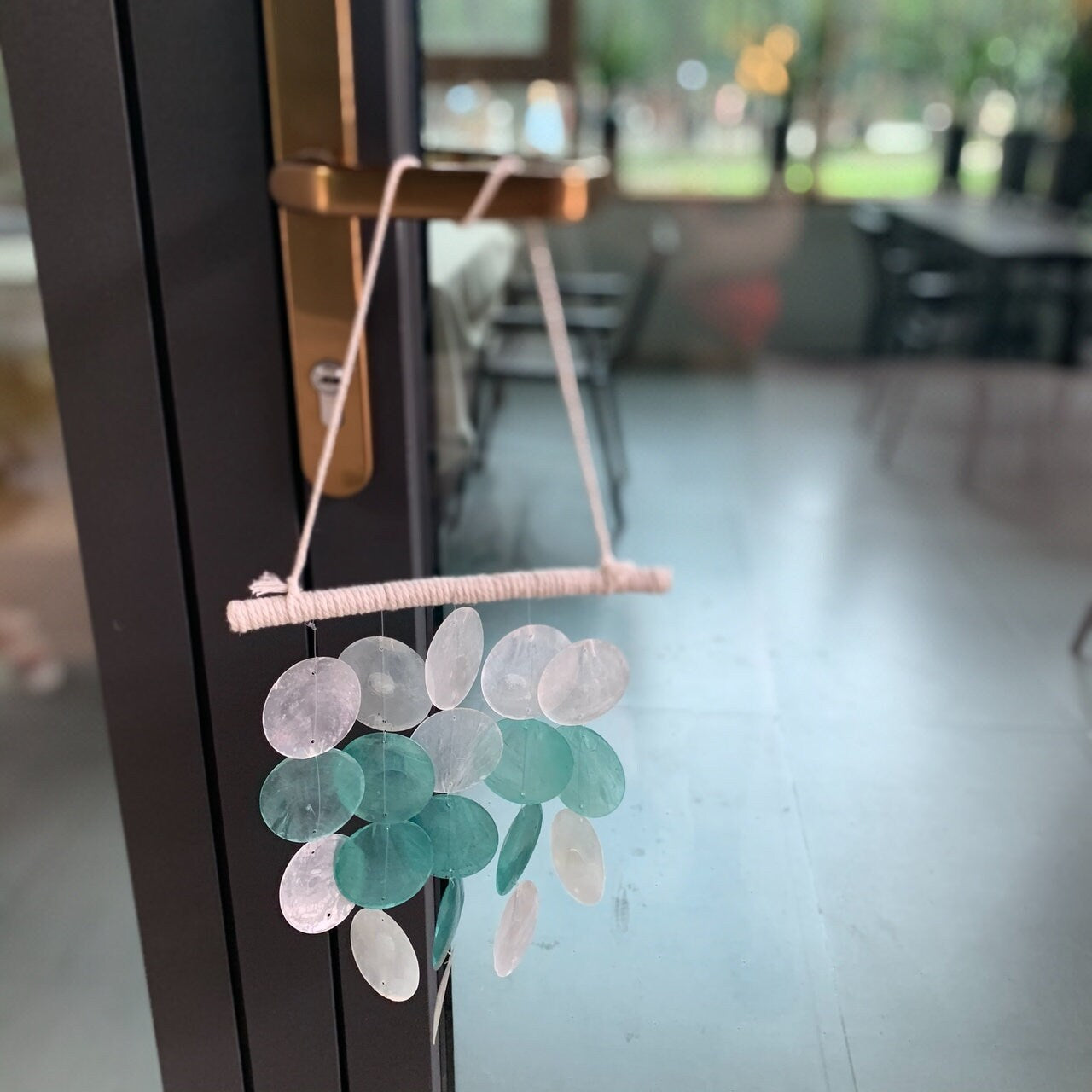 Handmade  Blue Capiz Round Shell Windchimes, Hanging Shell Mobile,Colorful Nautical Home Interior Ornament,  Beach House Decor