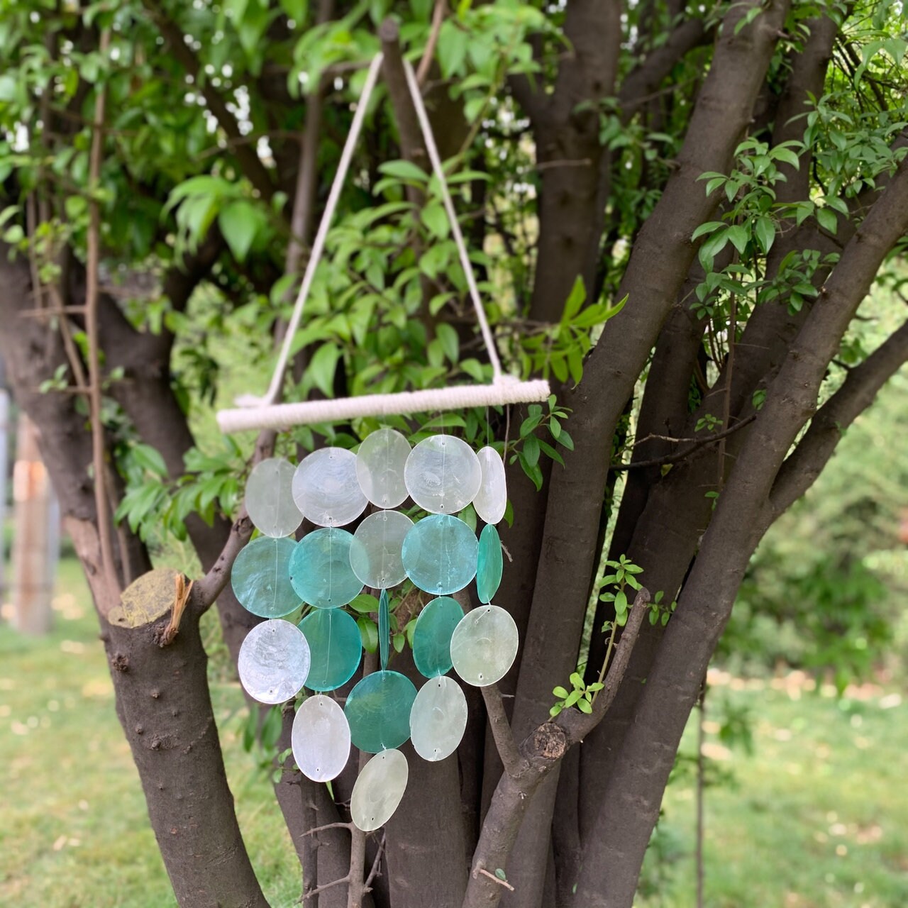 Handmade  Blue Capiz Round Shell Windchimes, Hanging Shell Mobile,Colorful Nautical Home Interior Ornament,  Beach House Decor