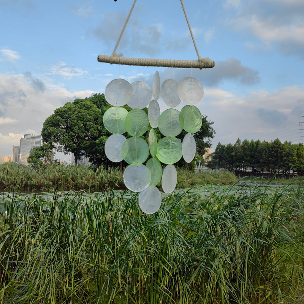 Round Shell Mobile Chime, Green Windchime  Come With Wall Stand, Beach Wind Chime, Garden Hanging Decoration, Housewarming Gifts