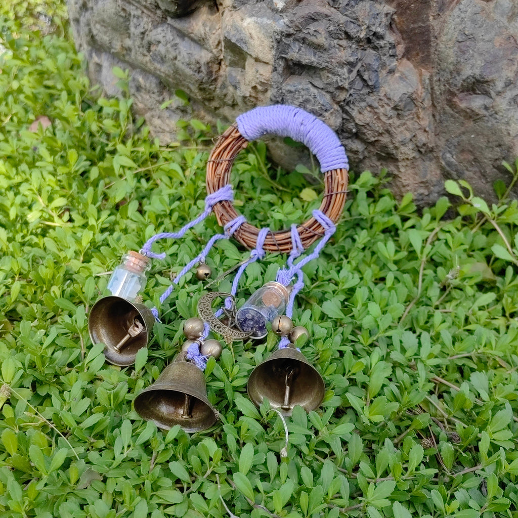 Purple Witch Bell Wreath, Witch Bells for Door Protection, Hanging Door Knob Protection Bells, Wicca Altar House Doorknob Protection Bell