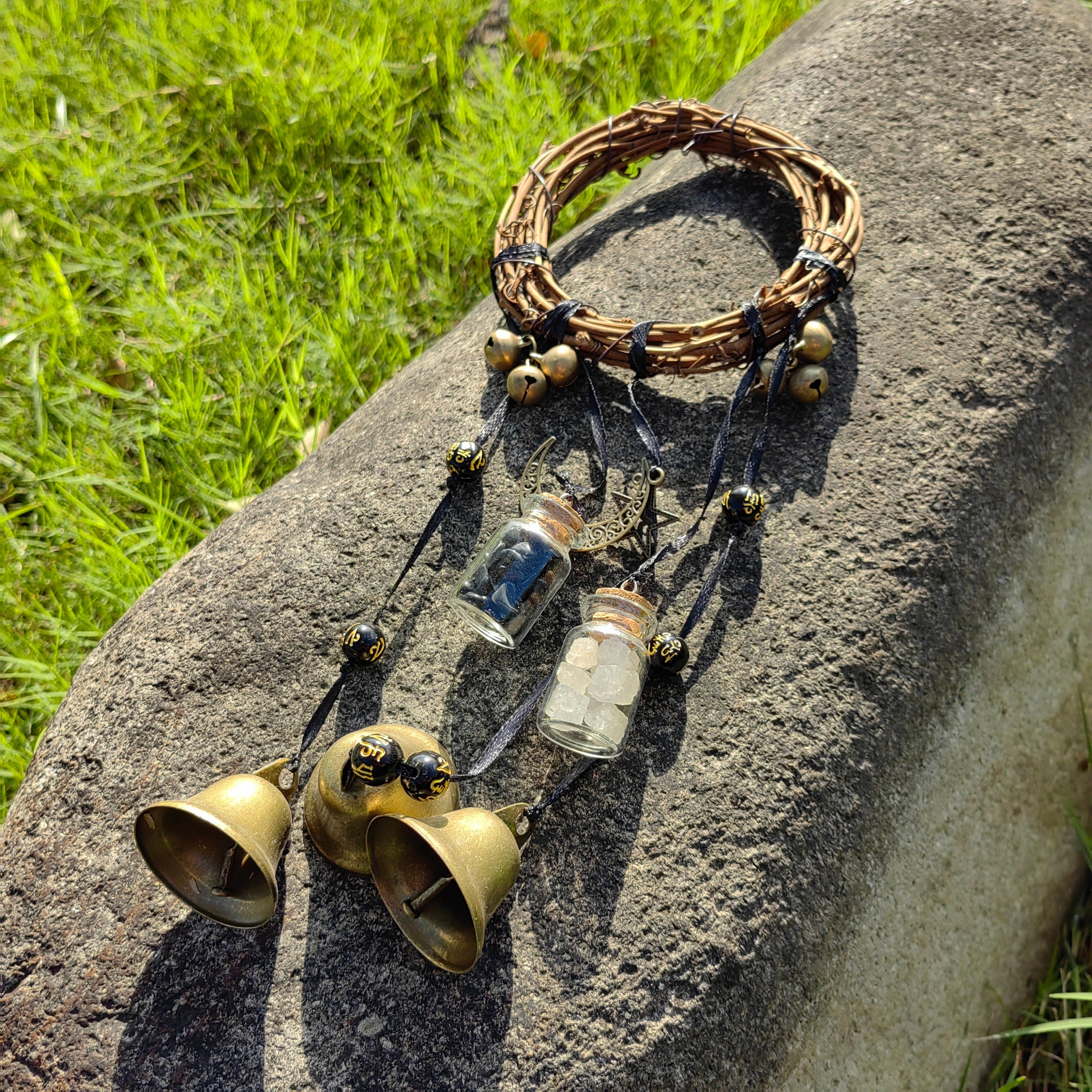 Witch Bell Wreath for Door Protection, Hanging Door Knob Protection Bells, Door Protection Charm, Wreath Wind Chimes, Window Ornament
