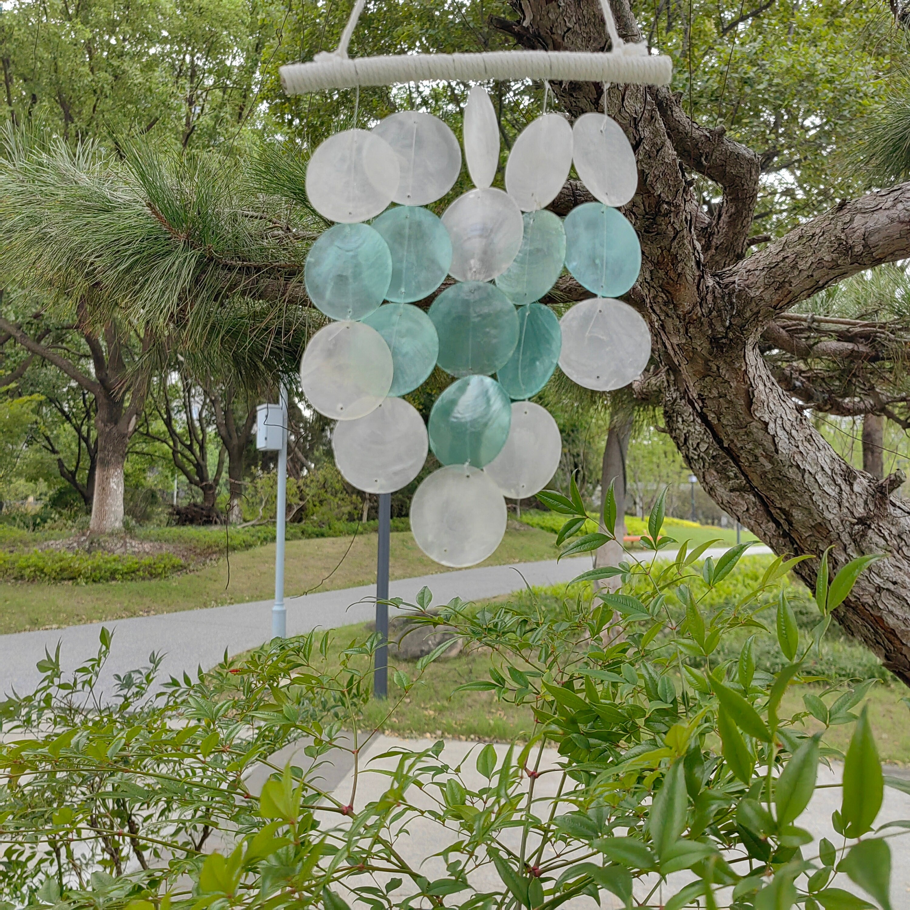 Handmade  Blue Capiz Round Shell Windchimes, Hanging Shell Mobile,Colorful Nautical Home Interior Ornament,  Beach House Decor