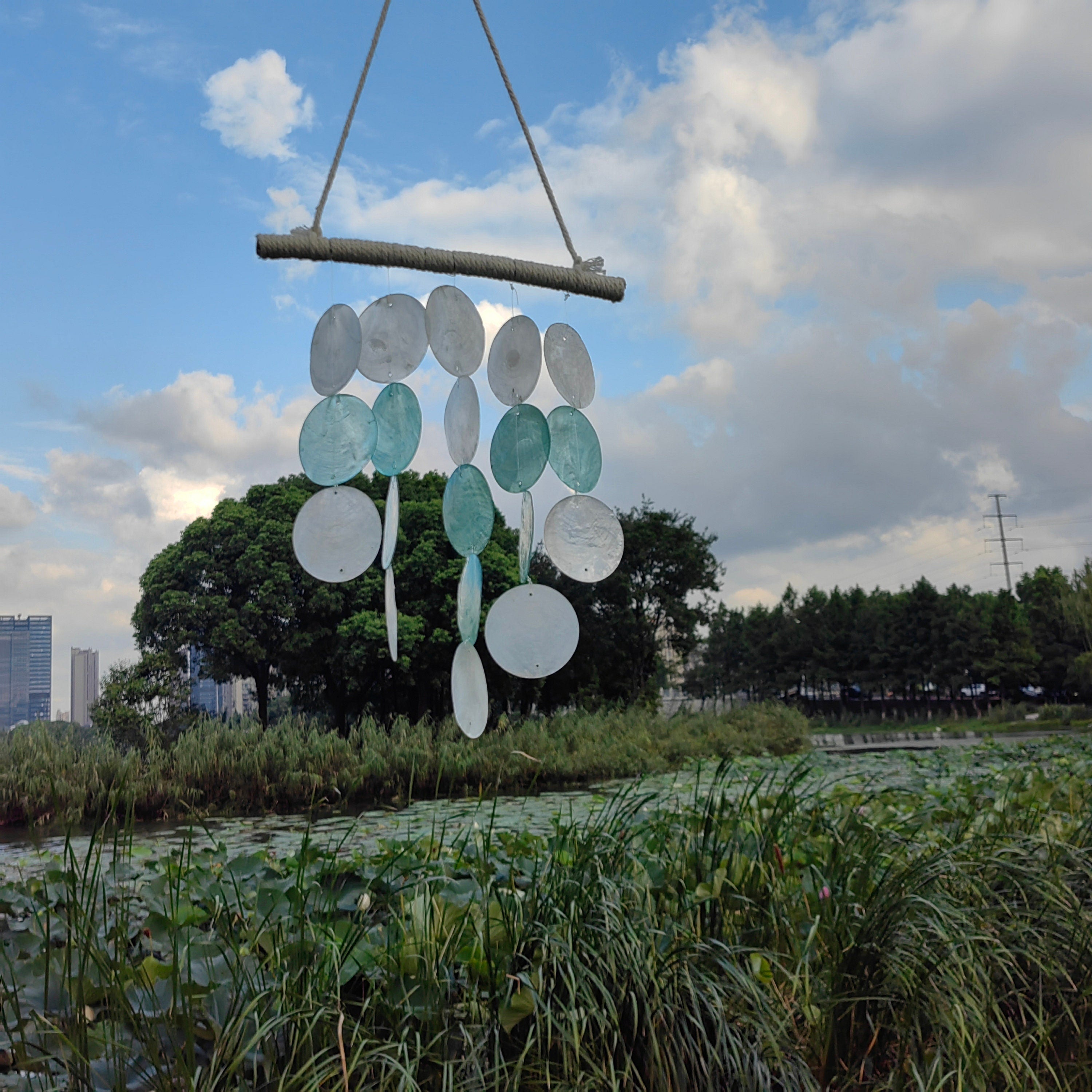 Handmade  Blue Capiz Round Shell Windchimes, Hanging Shell Mobile,Colorful Nautical Home Interior Ornament,  Beach House Decor