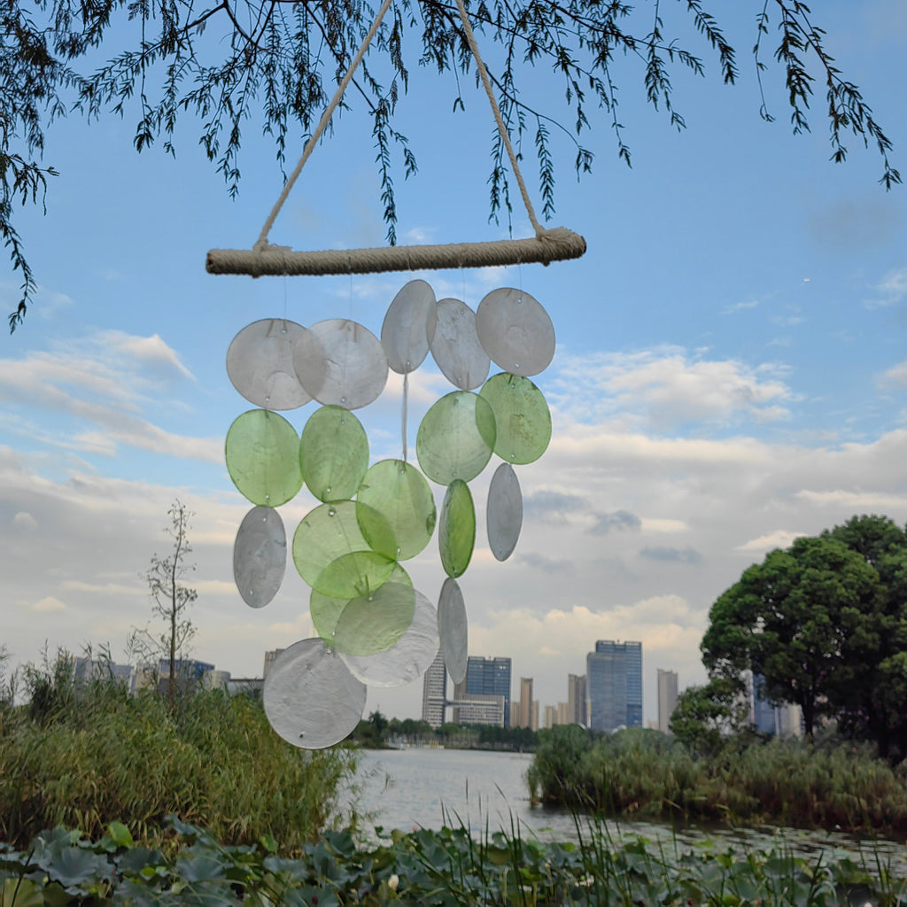 Round Shell Mobile Chime, Green Windchime  Come With Wall Stand, Beach Wind Chime, Garden Hanging Decoration, Housewarming Gifts
