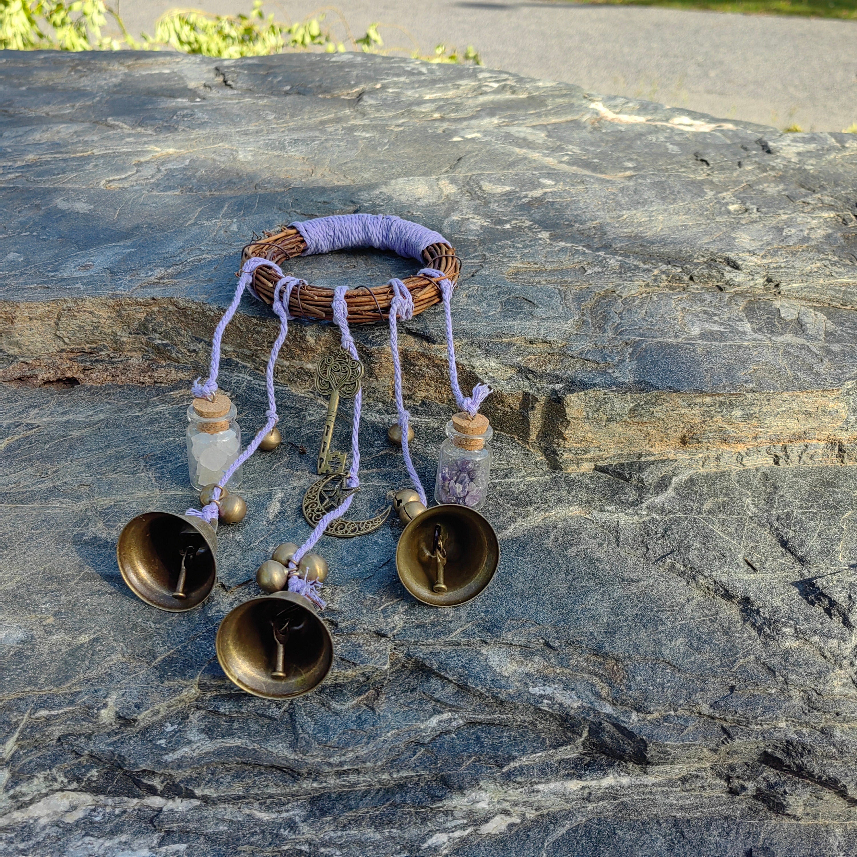 Purple Witch Bell Wreath, Witch Bells for Door Protection, Hanging Door Knob Protection Bells, Wicca Altar House Doorknob Protection Bell