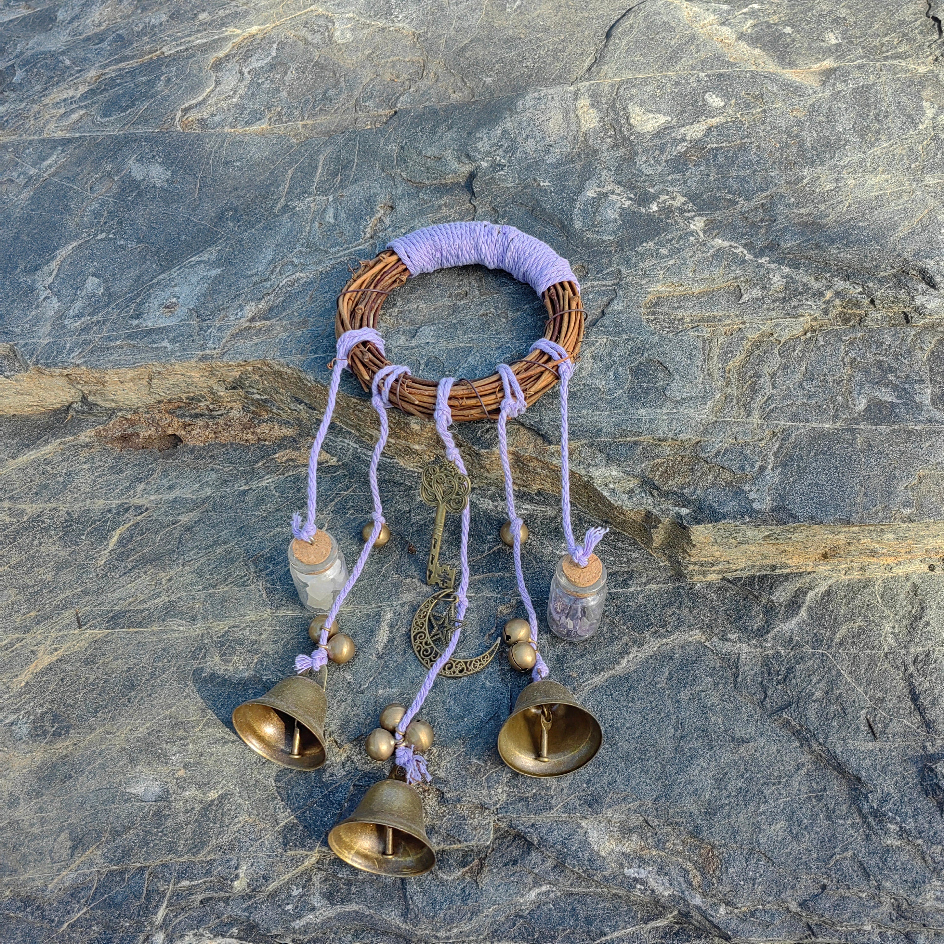 Purple Witch Bell Wreath, Witch Bells for Door Protection, Hanging Door Knob Protection Bells, Wicca Altar House Doorknob Protection Bell