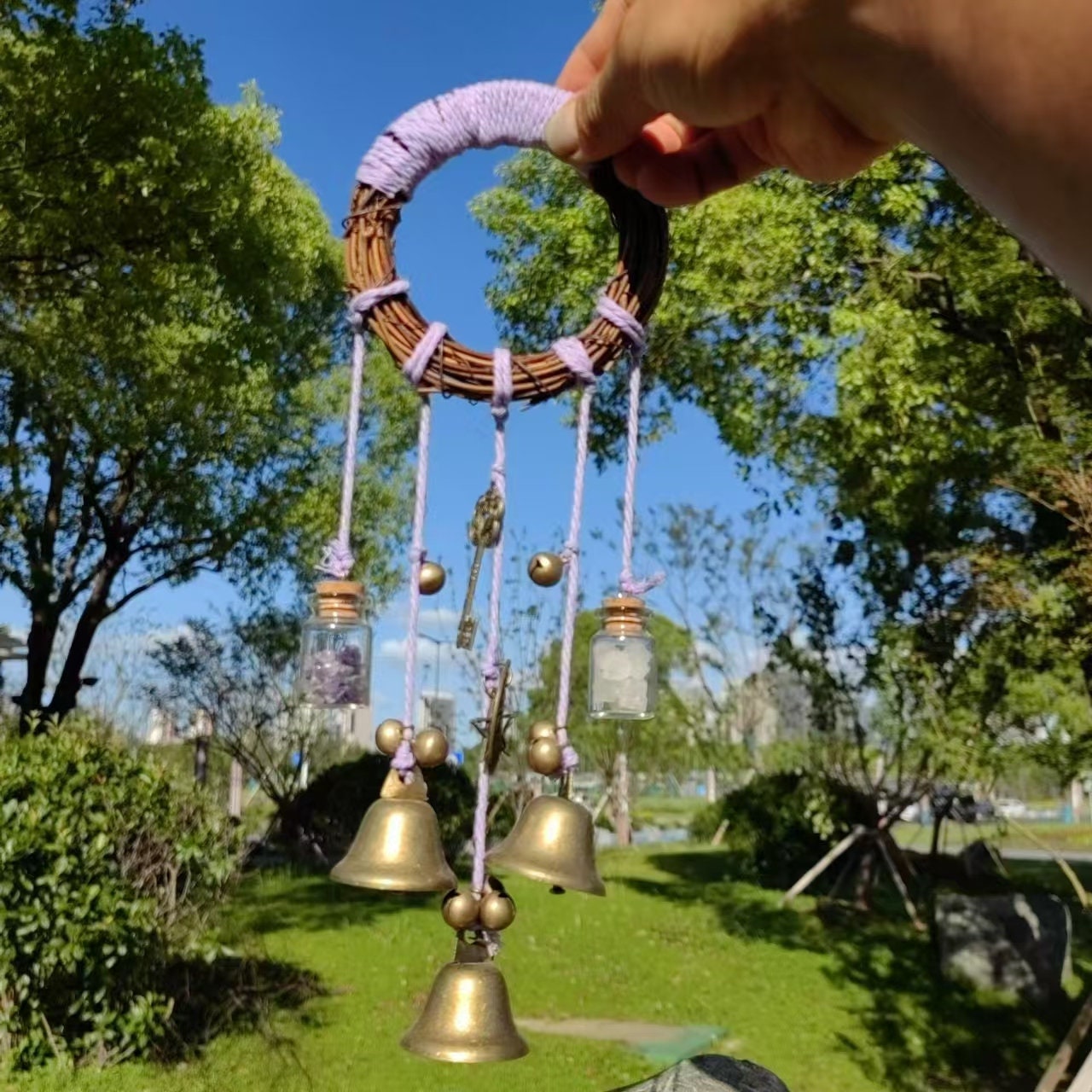 Purple Witch Bell Wreath, Witch Bells for Door Protection, Hanging Door Knob Protection Bells, Wicca Altar House Doorknob Protection Bell