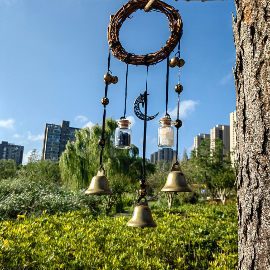 Witch Bell Wreath for Door Protection, Hanging Door Knob Protection Bells, Door Protection Charm, Wreath Wind Chimes, Window Ornament