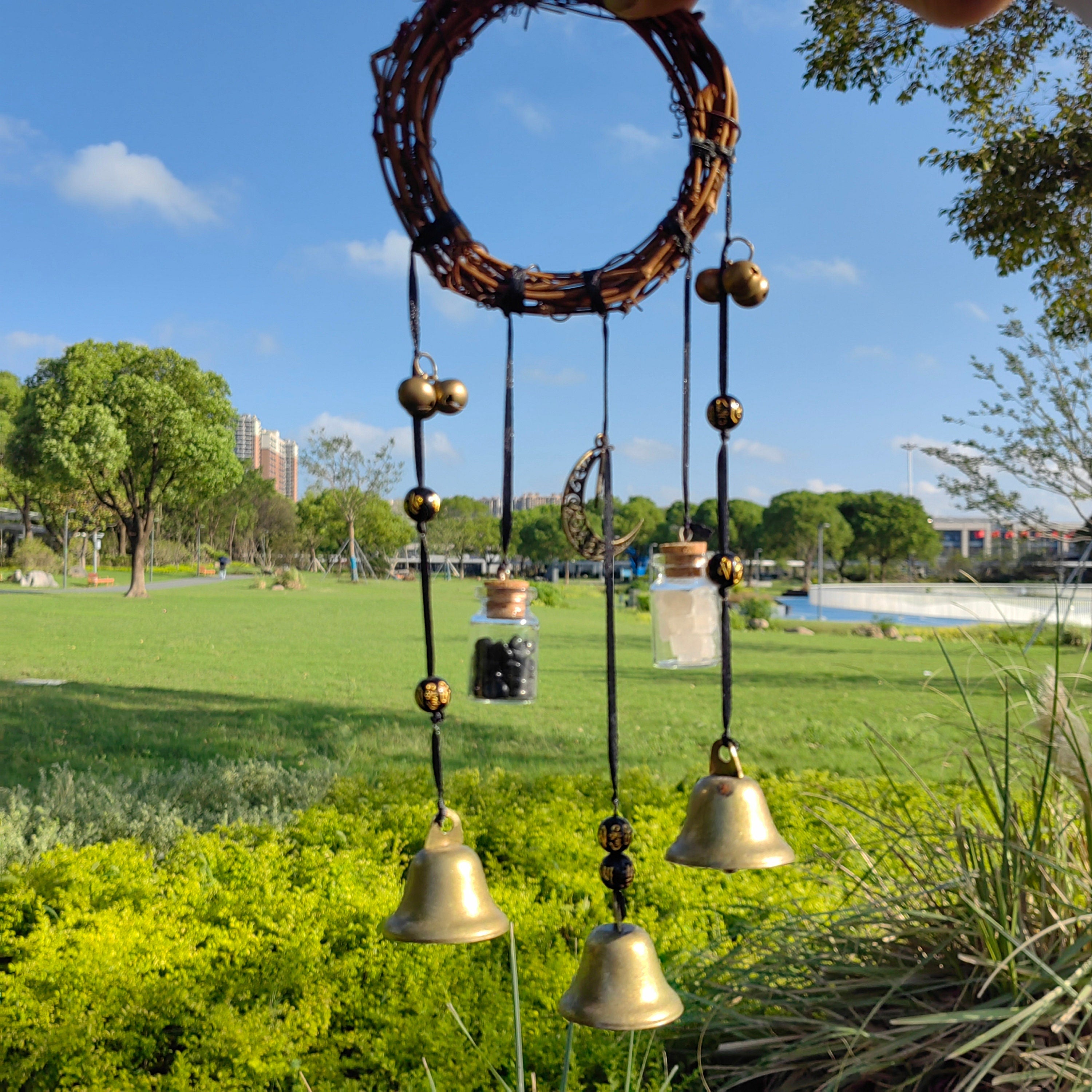 Witch Bell Wreath for Door Protection, Hanging Door Knob Protection Bells, Door Protection Charm, Wreath Wind Chimes, Window Ornament