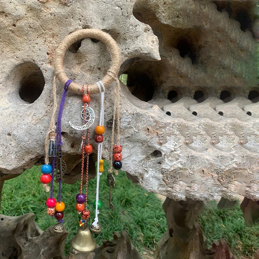 Hemp Loop Witch Bells for Garden, Colorful Witch Bells and Wind Chime, Wicca Altar House Doorknob Protection Bell, Witchy Decor Aesthetic