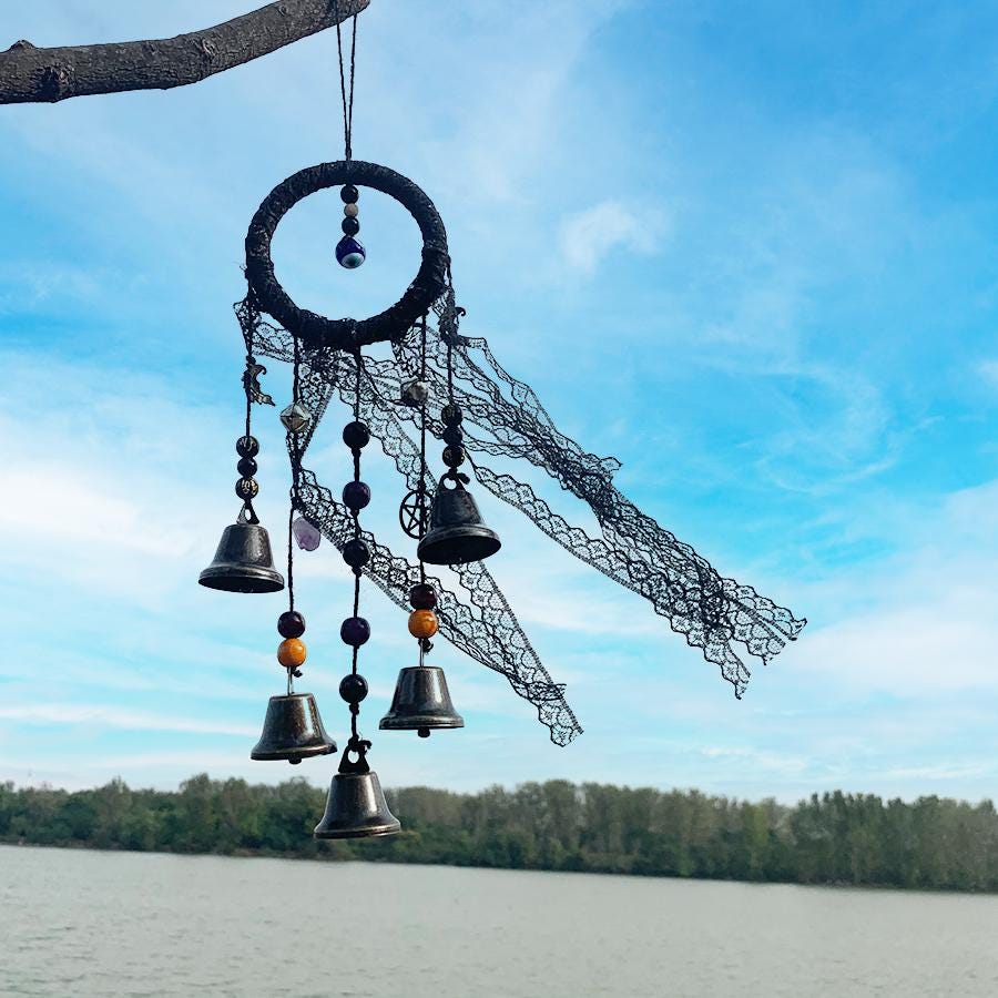 Black Witch Bells for Door Knob, Halloween Witch Bell, Wicca Altar House Doorknob Protection Bell, Wreath Wind Chimes, Pangan Decor