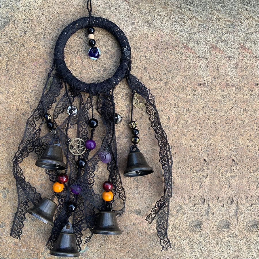 Black Witch Bells for Door Knob, Halloween Witch Bell, Wicca Altar House Doorknob Protection Bell, Wreath Wind Chimes, Pangan Decor
