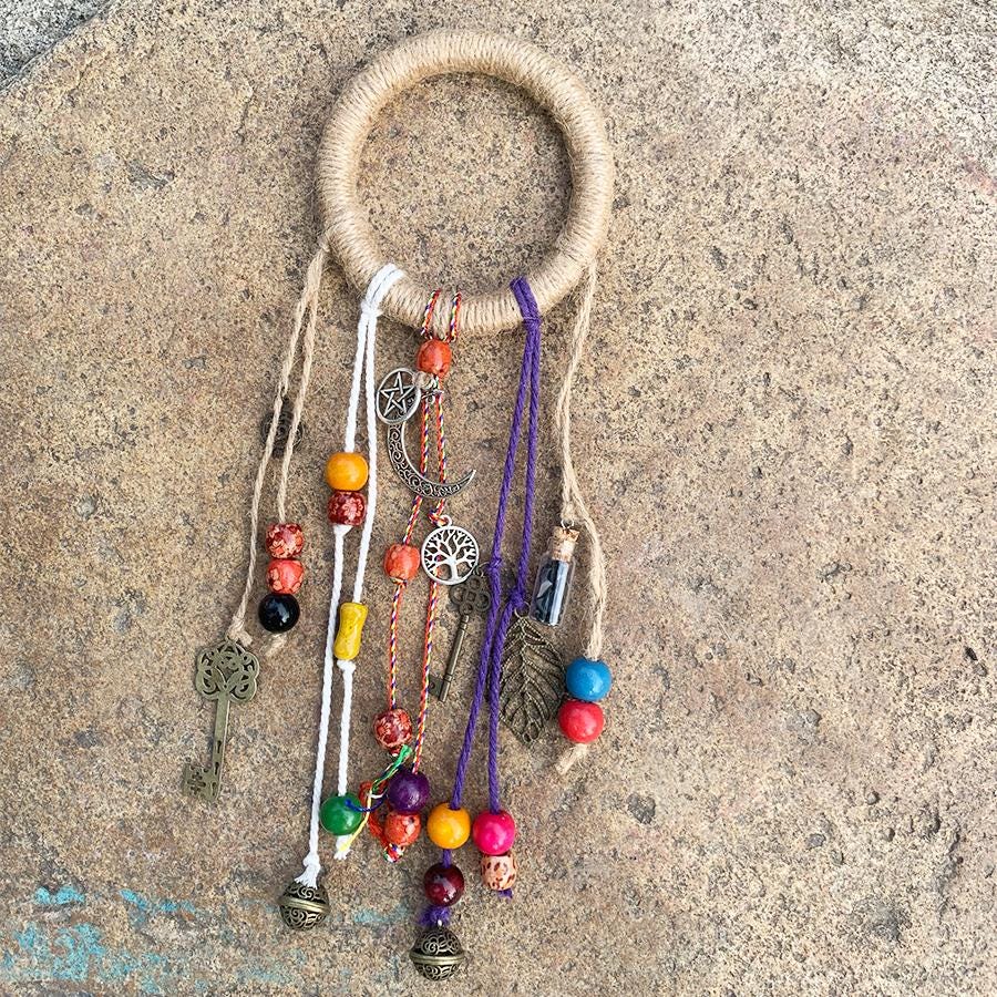 Hemp Loop Witch Bells for Garden, Colorful Witch Bells and Wind Chime, Wicca Altar House Doorknob Protection Bell, Witchy Decor Aesthetic