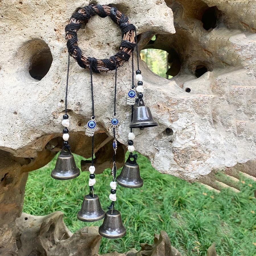 Evil Eyes Witch Bells for Door Knob, Hanging Witch Bells on Ropes, Wicca Altar House Doorknob Protection Bell, Witchy Gifts Decor
