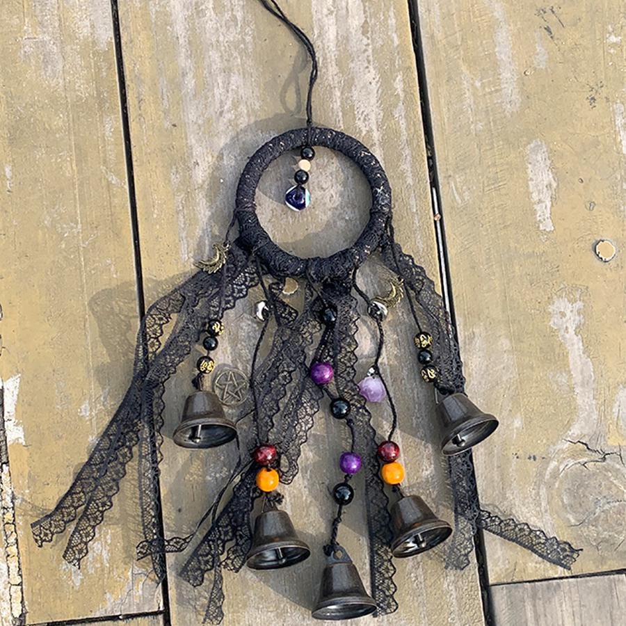Black Witch Bells for Door Knob, Halloween Witch Bell, Wicca Altar House Doorknob Protection Bell, Wreath Wind Chimes, Pangan Decor