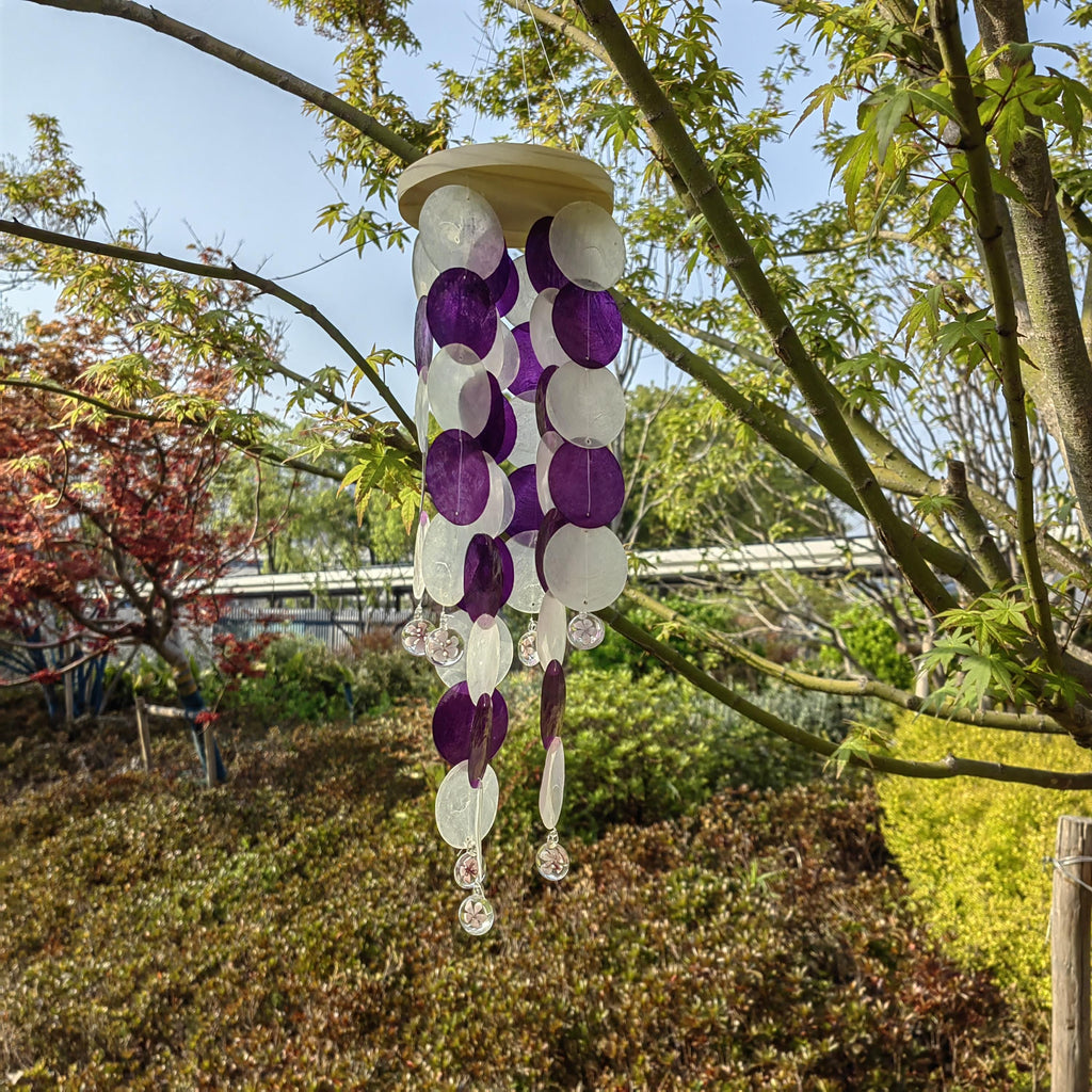 Lavender White Seashell Wind Chime, Handmade Ocean Beach Decor, Coastal Wind Chime,  Boho Porch Garden Decor, Unique Housewarming Gift