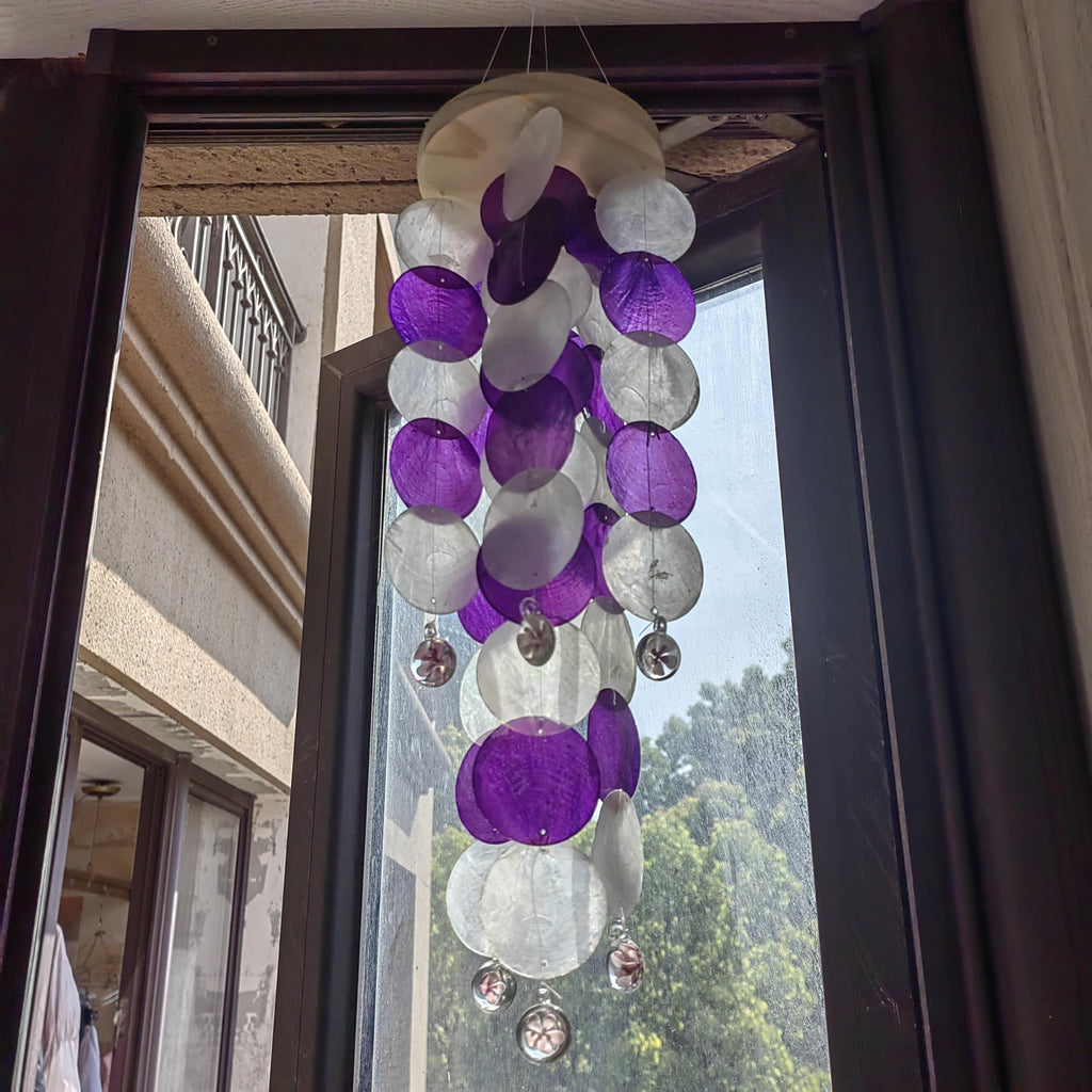 Lavender White Seashell Wind Chime, Handmade Ocean Beach Decor, Coastal Wind Chime,  Boho Porch Garden Decor, Unique Housewarming Gift