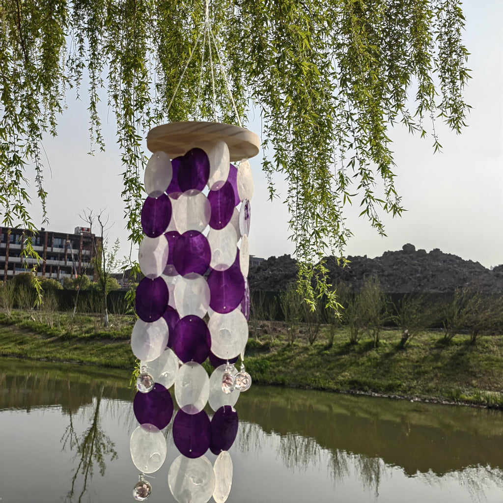 Lavender White Seashell Wind Chime, Handmade Ocean Beach Decor, Coastal Wind Chime,  Boho Porch Garden Decor, Unique Housewarming Gift