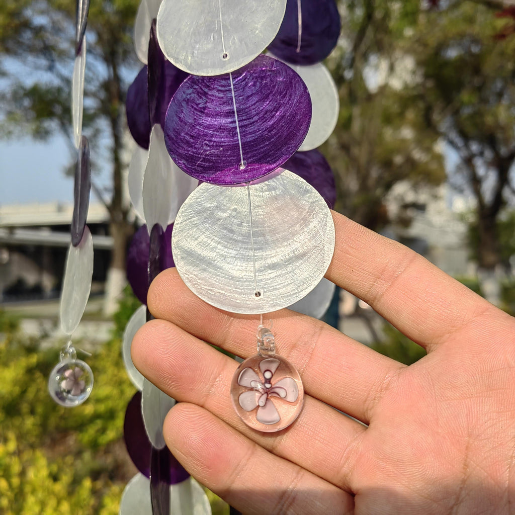 Lavender White Seashell Wind Chime, Handmade Ocean Beach Decor, Coastal Wind Chime,  Boho Porch Garden Decor, Unique Housewarming Gift