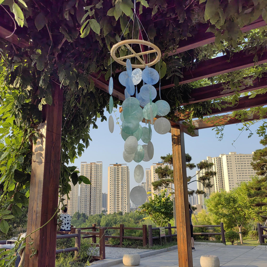 Handmade Blue & White Seashell Wind Chime,  Natural Ocean Beach Decor, Ocean Breeze Seashell Wind Chime, Beach House Decor, Gifts for Her