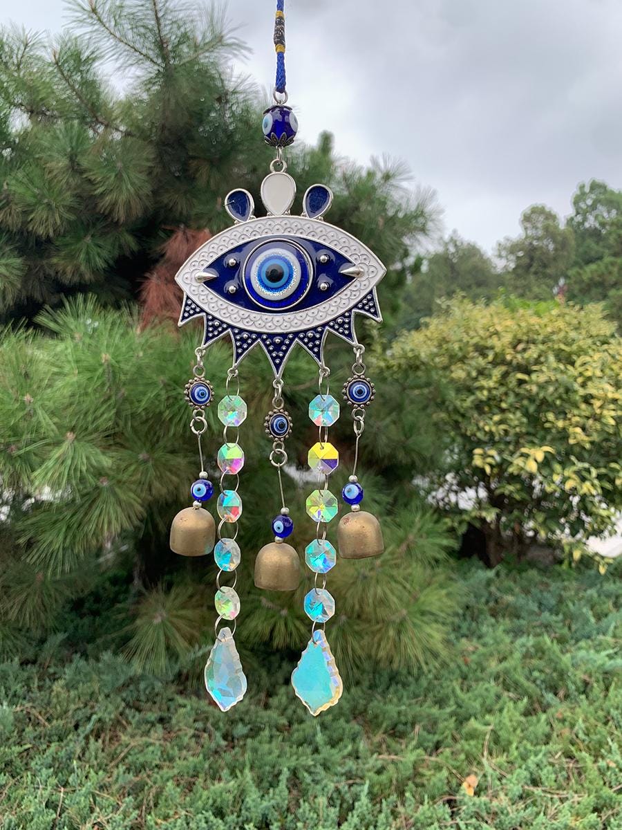 Evil eyes Crystal Suncatcher, Witch Bells with Sun Catcher, Hanging Crystal Prism, Sun Catcher Garden Ornament Rainbow Maker Crystal