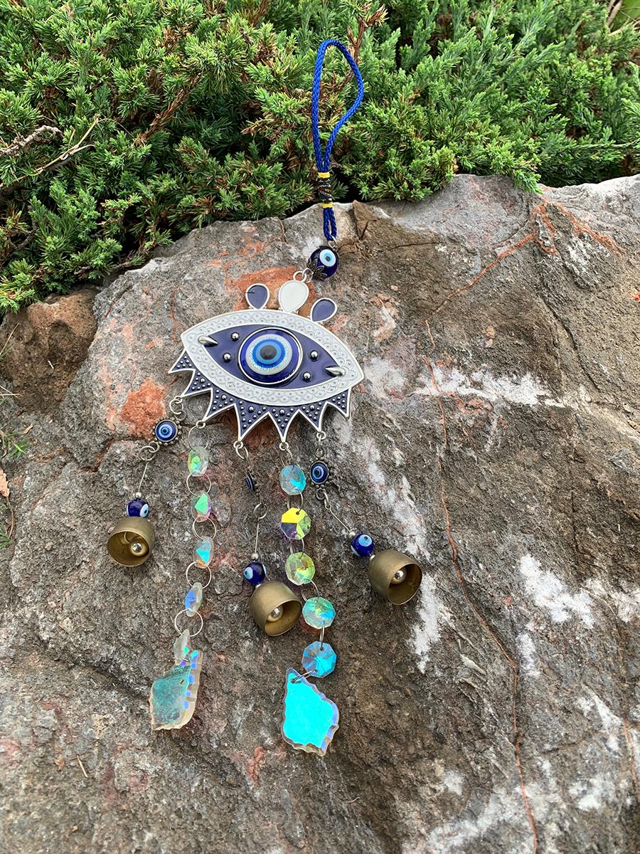 Evil eyes Crystal Suncatcher, Witch Bells with Sun Catcher, Hanging Crystal Prism, Sun Catcher Garden Ornament Rainbow Maker Crystal