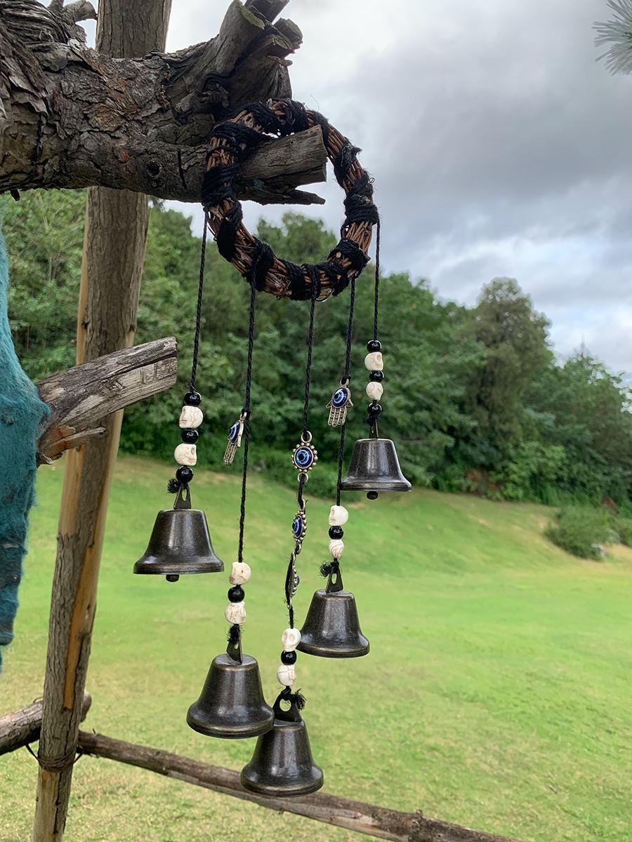 Evil Eyes Witch Bells for Door Knob, Hanging Witch Bells on Ropes, Wicca Altar House Doorknob Protection Bell, Witchy Gifts Decor