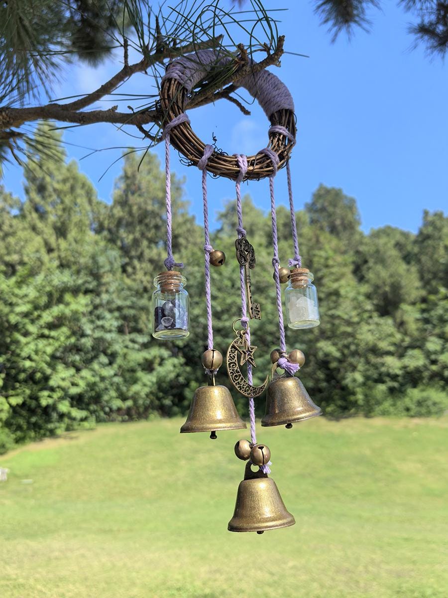 Purple Witch Bell Wreath, Witch Bells for Door Protection, Hanging Door Knob Protection Bells, Wicca Altar House Doorknob Protection Bell
