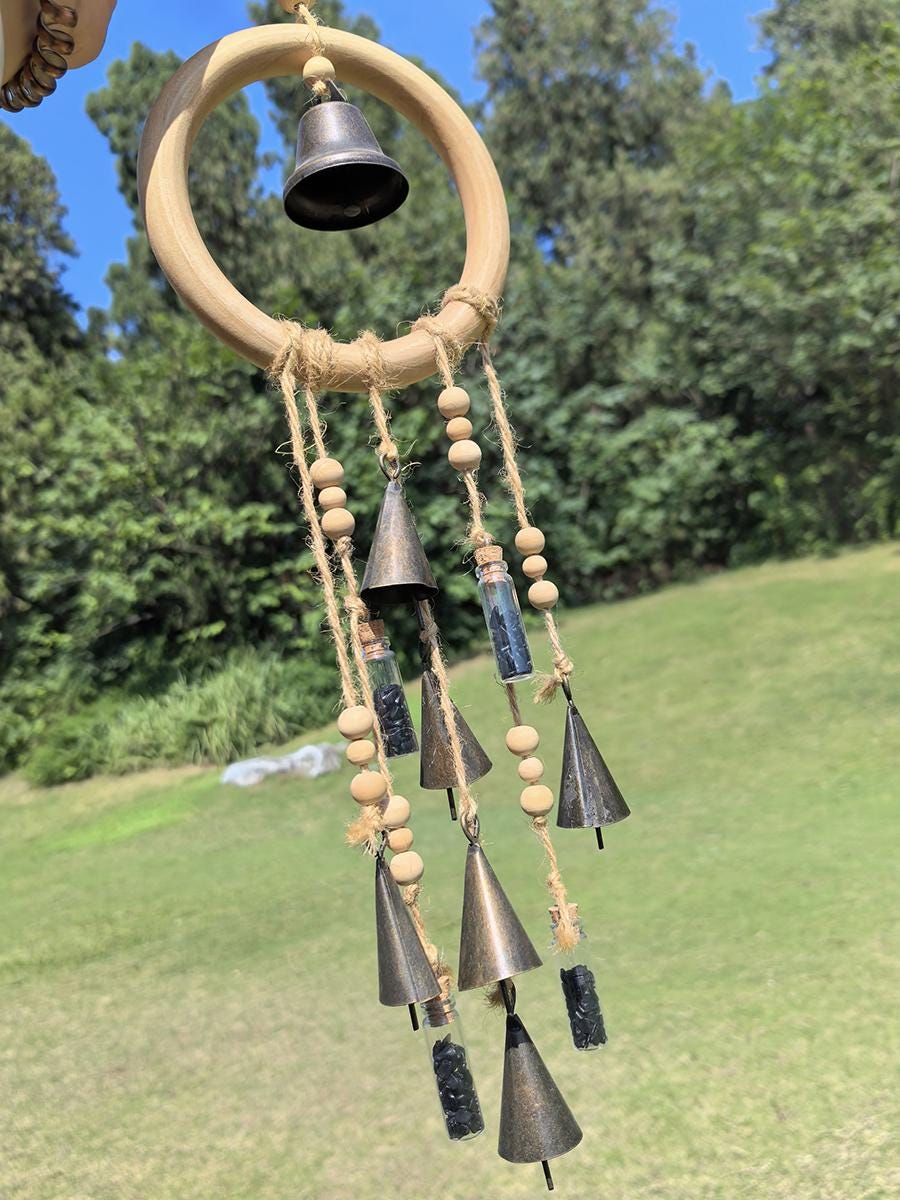 Wood Loop Wind Chime, Hanging Bells for Door Protection, Wooden Ring Witch Bells for Wreath, Wicca Decor