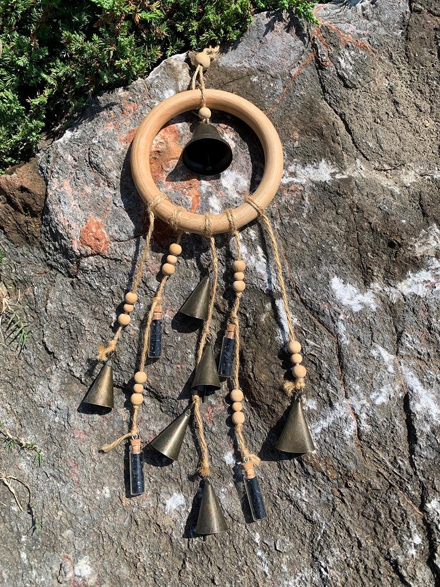 Wood Loop Wind Chime, Hanging Bells for Door Protection, Wooden Ring Witch Bells for Wreath, Wicca Decor