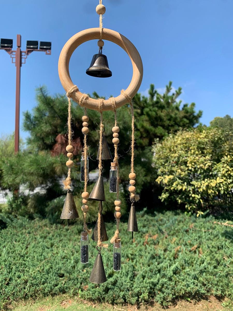 Wood Loop Wind Chime, Hanging Bells for Door Protection, Wooden Ring Witch Bells for Wreath, Wicca Decor