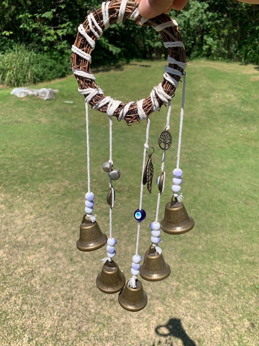 White Witch Bells, Hanging Bells on Rope, Hanging Bells for Temple, Pagan Decor, Witchcraft Supplies Kit