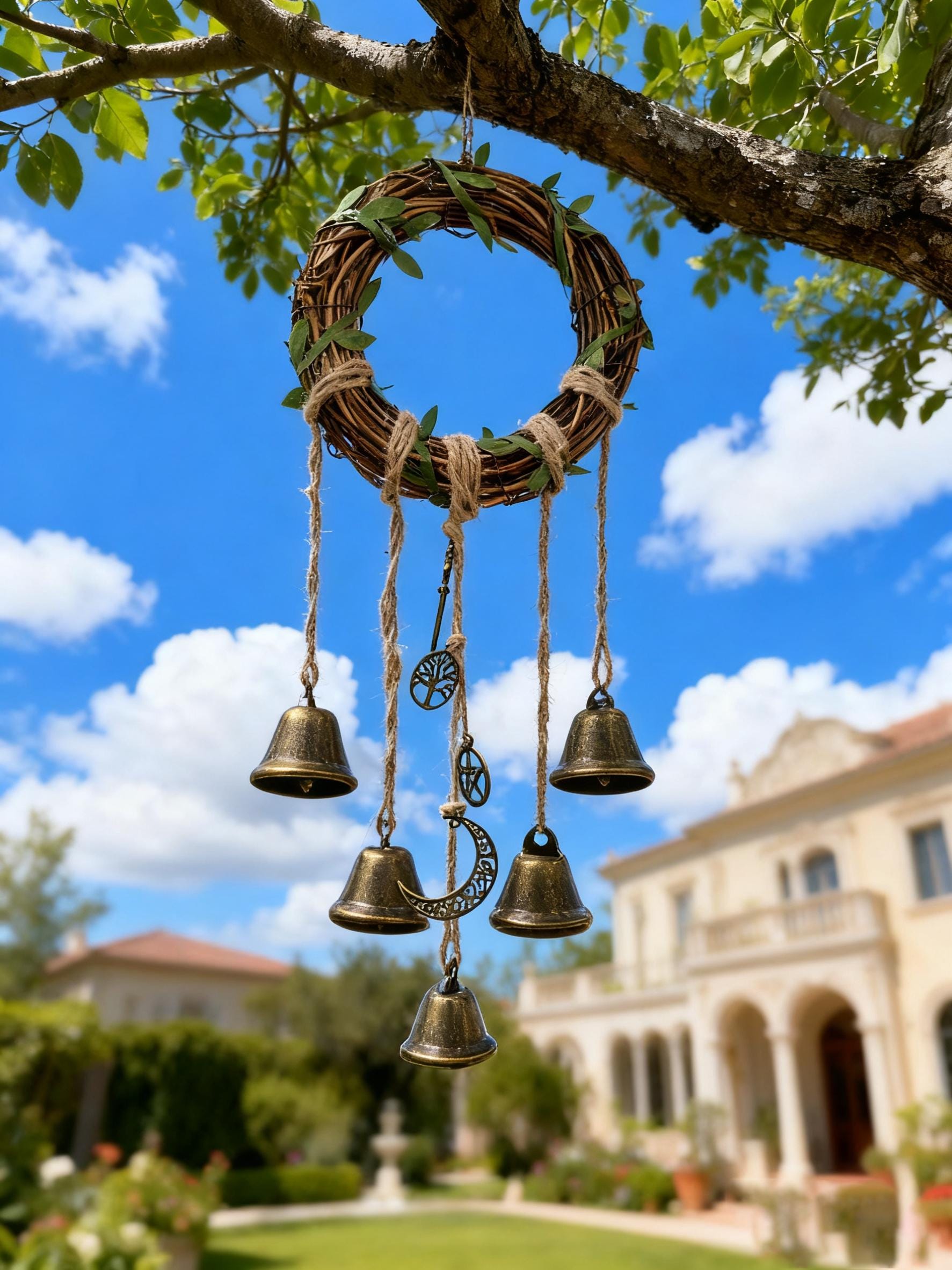 Wreath Wind Chime Witch Bells, Wicca Witch Bells for Home Protection, Hanging Bells for Door Knob, Spiritual Gift for Her, Protection Amulet