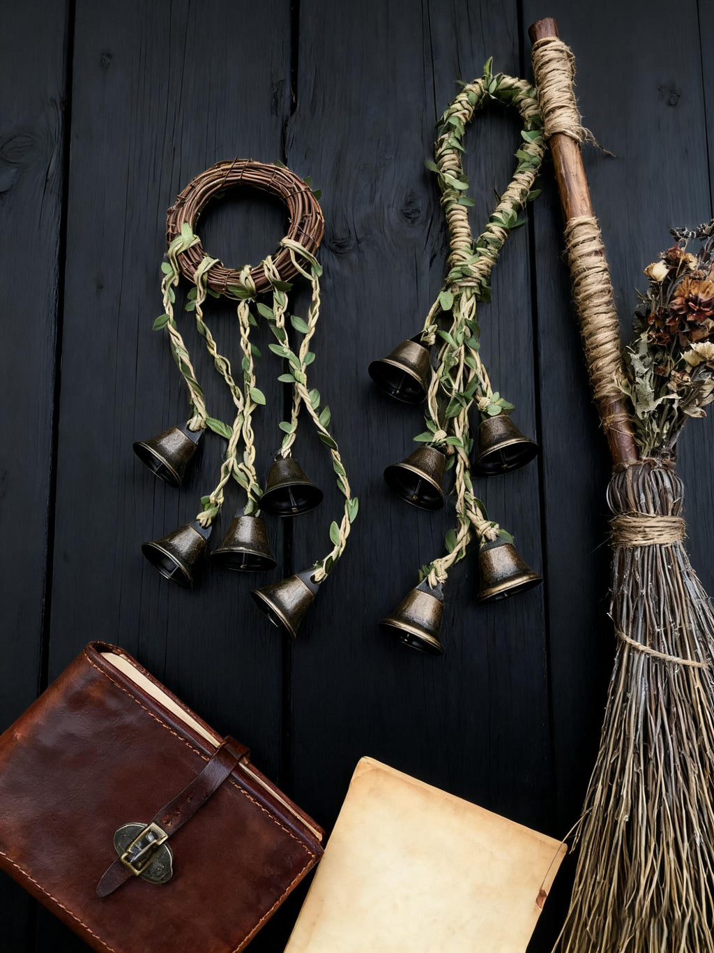 Set of 2 Rattan Wreath Witch Bells for Door Knob, Witches Bell for Protection, Pagan Wiccan Gift, Rustic Folk Magic Charm, Halloween Gift
