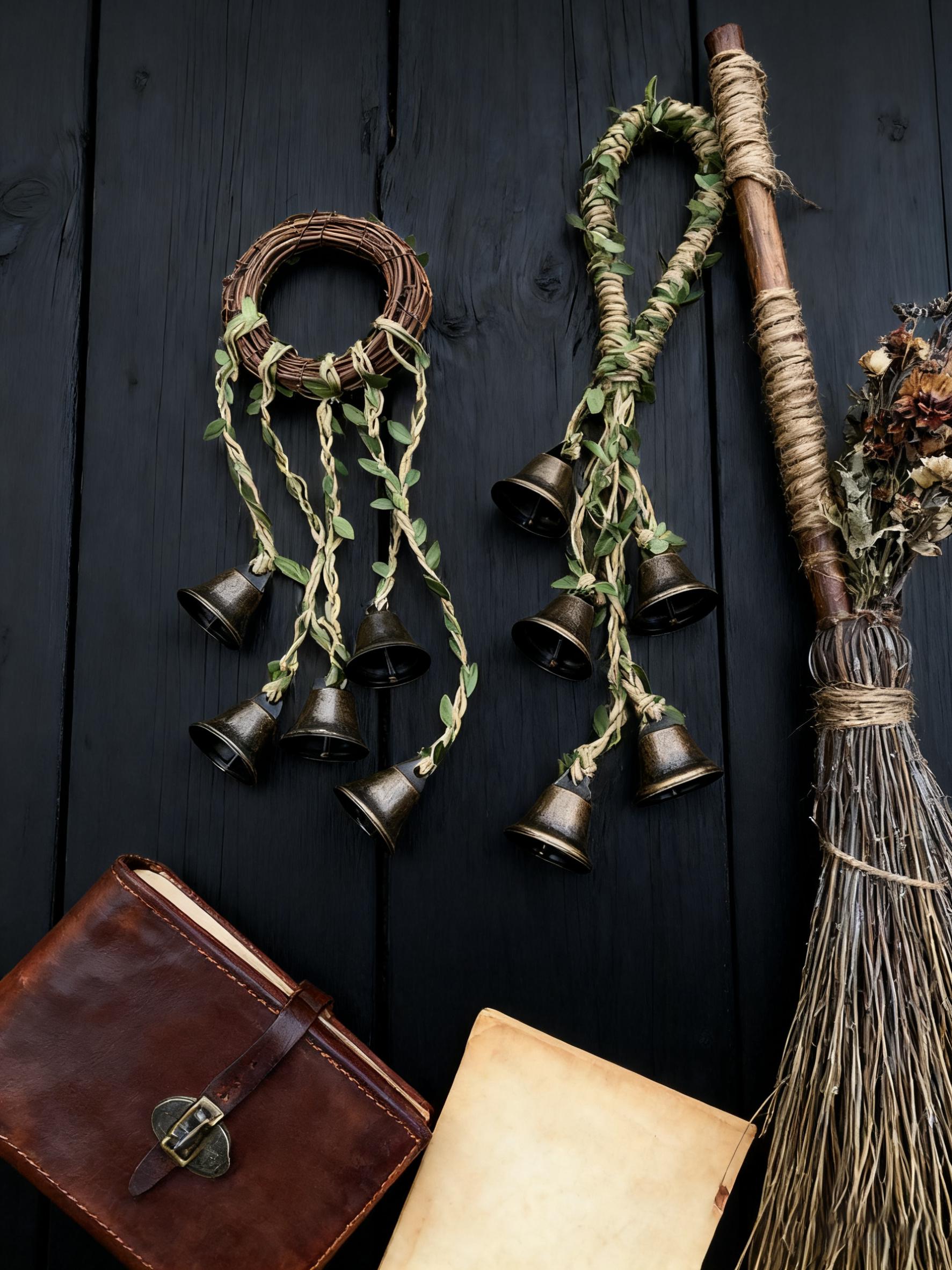 Set of 2 Rattan Wreath Witch Bells for Door Knob, Witches Bell for Protection, Pagan Wiccan Gift, Rustic Folk Magic Charm, Halloween Gift