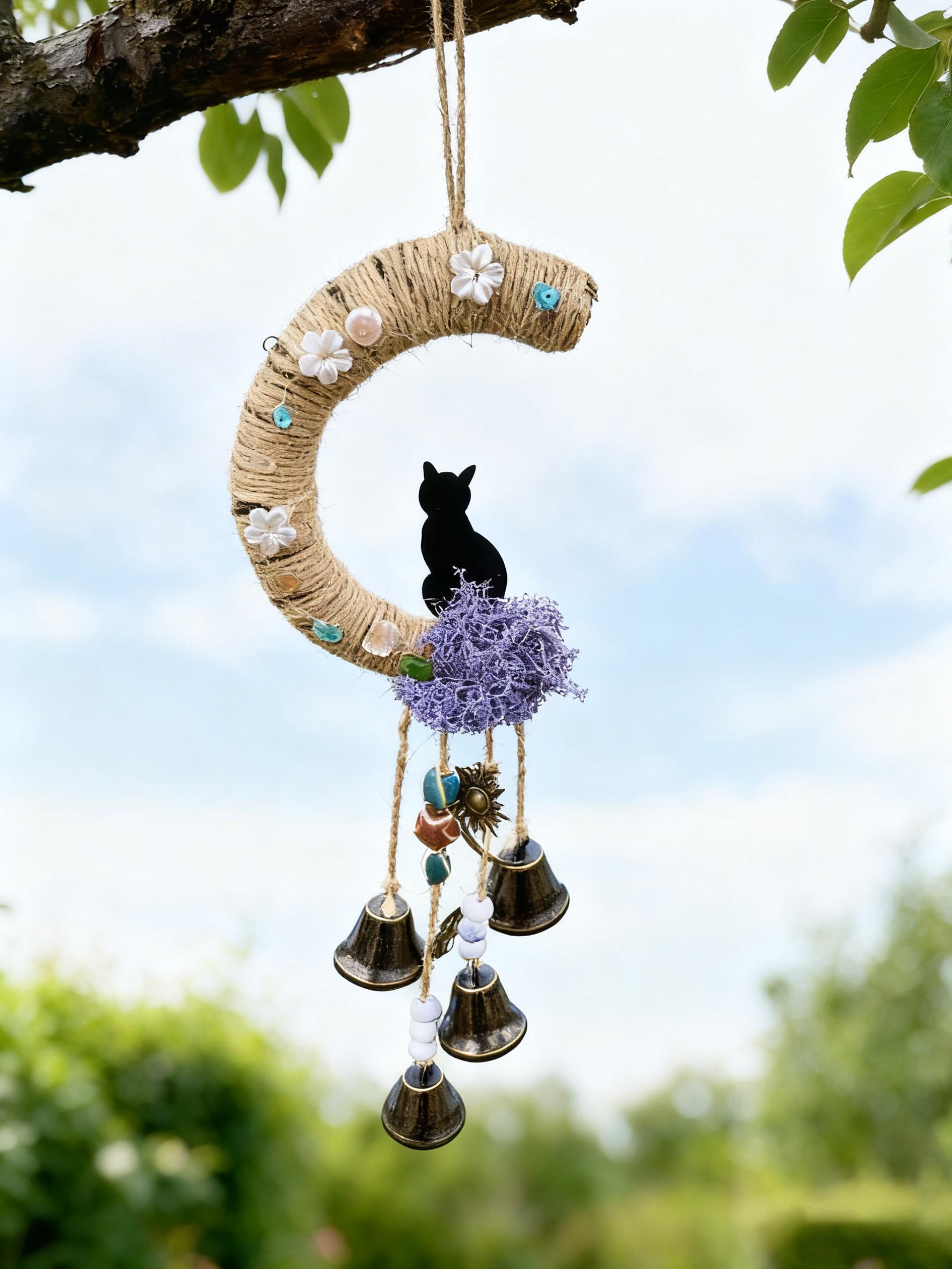 Witch Bells, Witch Bells for Gardening, Witch Bells -One Little Cat Sitting on The Moon, Witch Bells for Door Knob, Hanging Bells