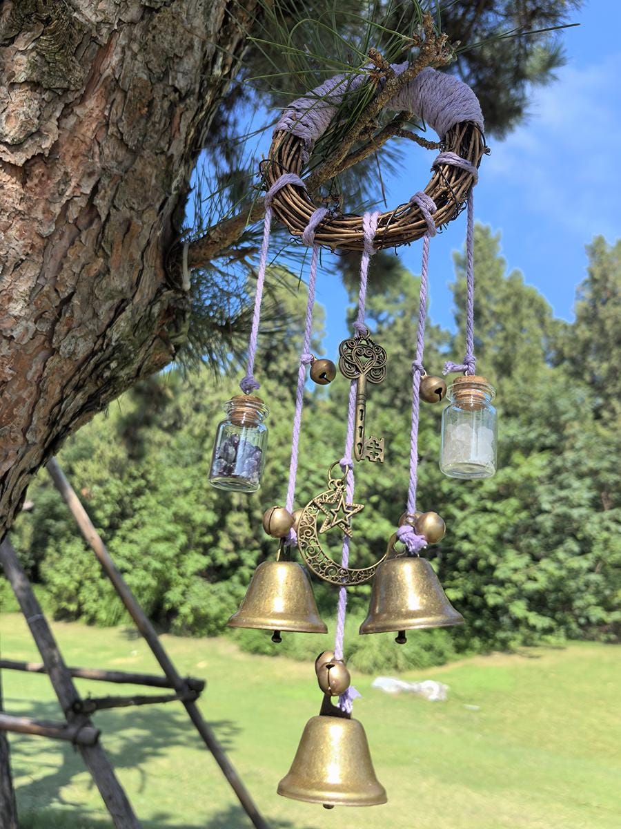 Purple Witch Bell Wreath, Witch Bells for Door Protection, Hanging Door Knob Protection Bells, Wicca Altar House Doorknob Protection Bell