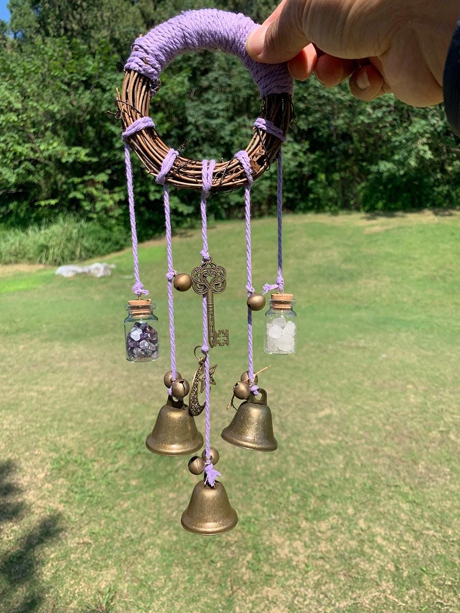 Purple Witch Bell Wreath, Witch Bells for Door Protection, Hanging Door Knob Protection Bells, Wicca Altar House Doorknob Protection Bell