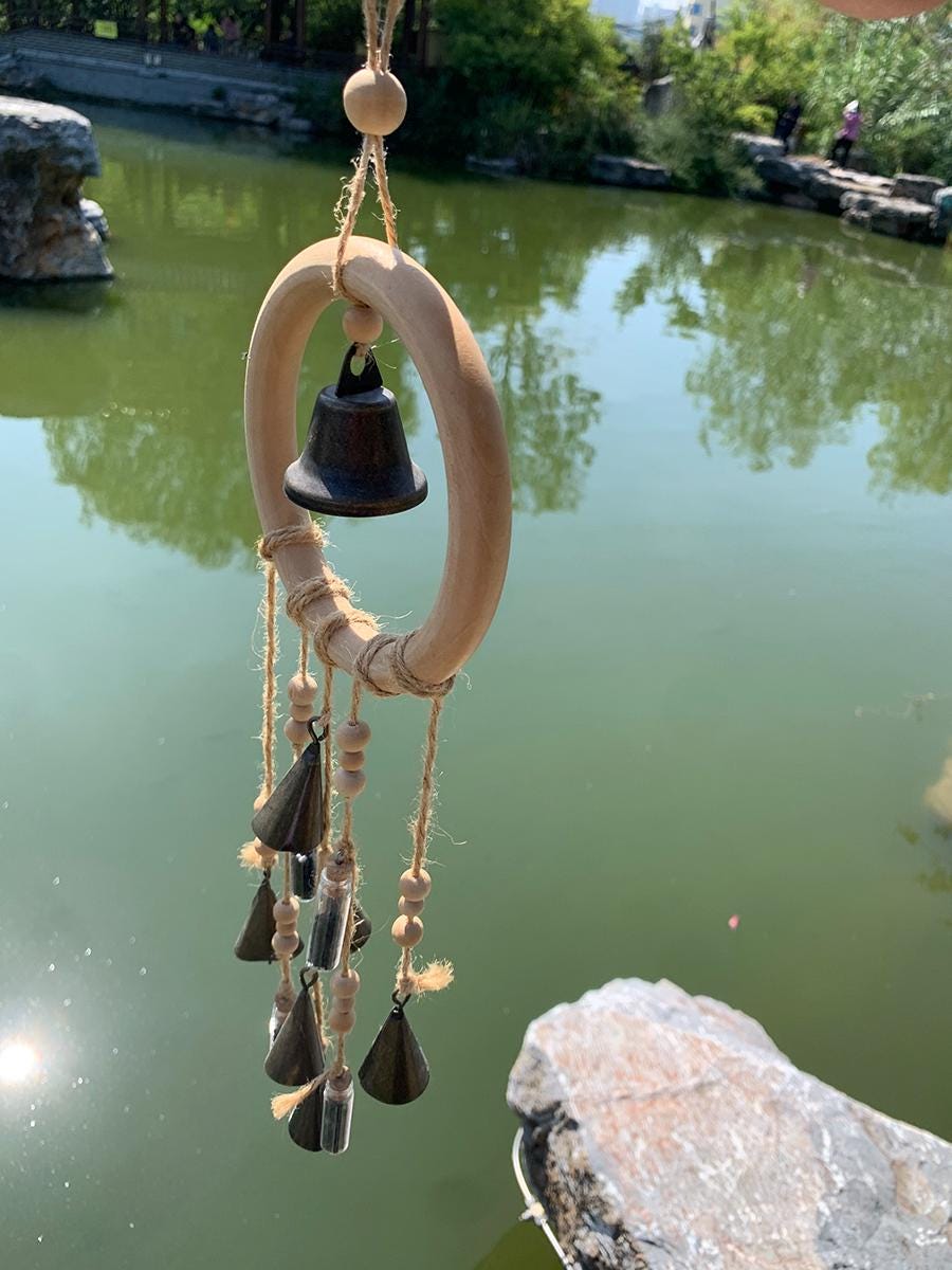 Wood Loop Wind Chime, Hanging Bells for Door Protection, Wooden Ring Witch Bells for Wreath, Wicca Decor