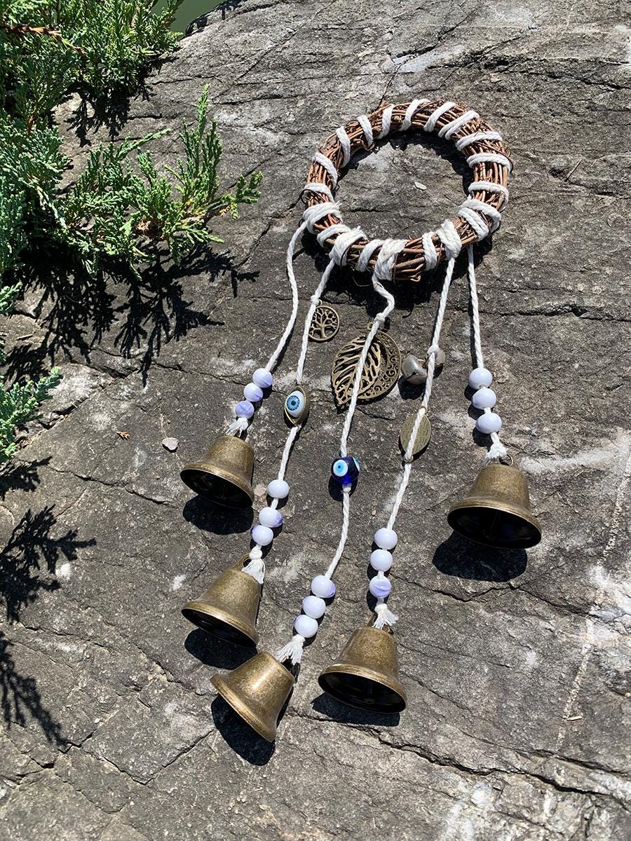 White Witch Bells, Hanging Bells on Rope, Hanging Bells for Temple, Pagan Decor, Witchcraft Supplies Kit