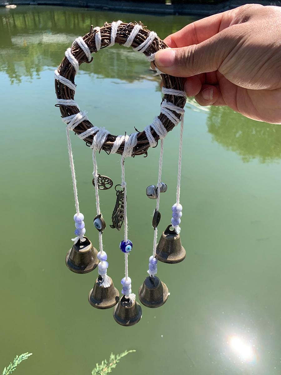 White Witch Bells, Hanging Bells on Rope, Hanging Bells for Temple, Pagan Decor, Witchcraft Supplies Kit